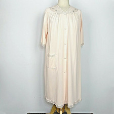 Vintage 60s Shadowline robe housecoat peachy pink lace floral button front S