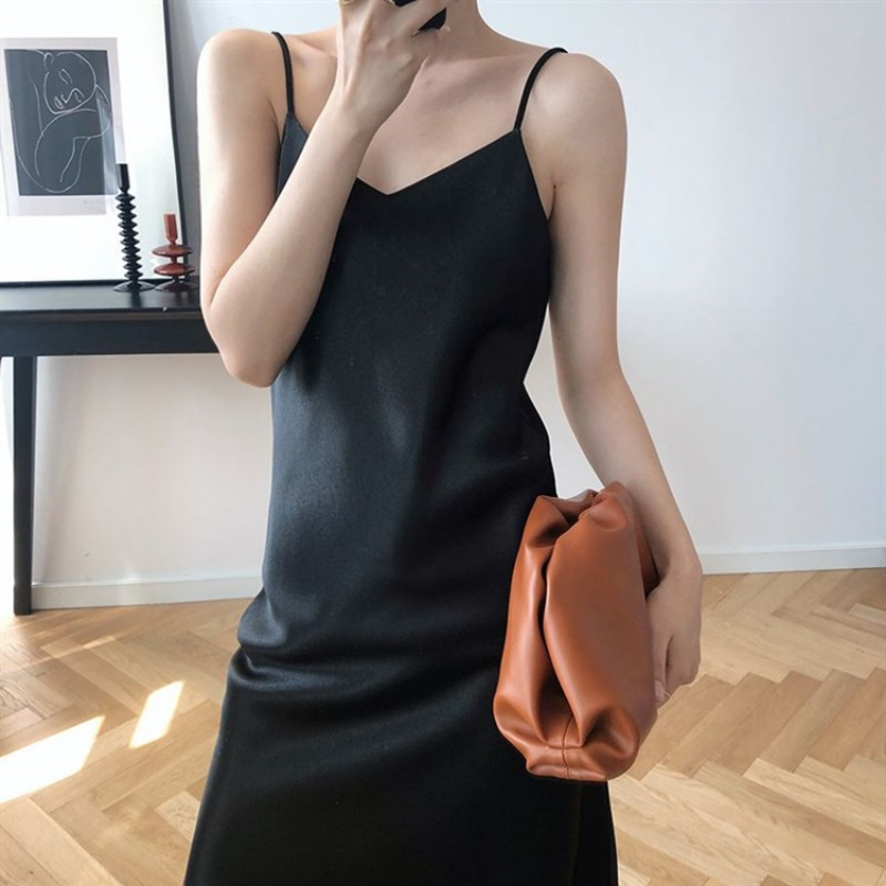 Women Faux Silk Camisole Satin Slip Dress Spaghetti Strap Dress