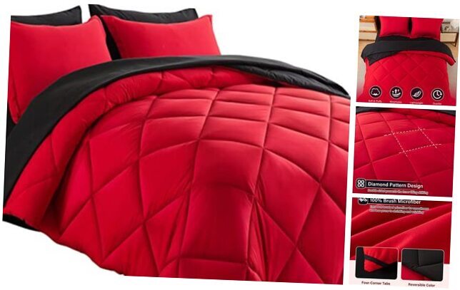 Bed in a Bag Reversible Comforter Sets 7pcs All Season Down Full Red/Black