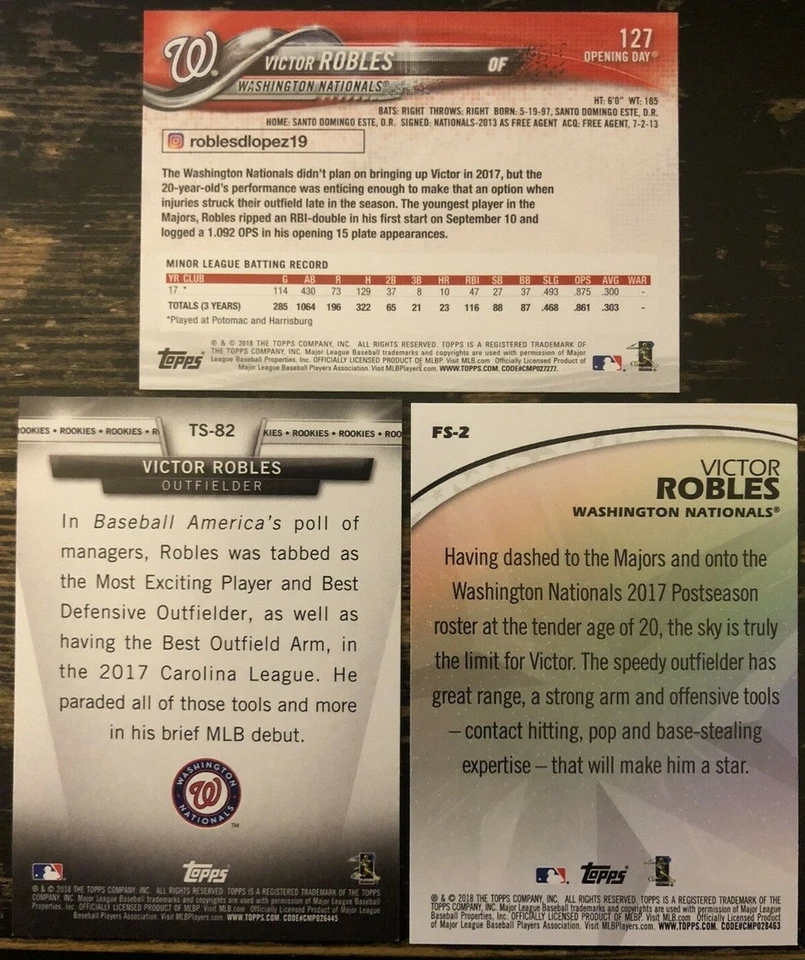 2018 Topps VICTOR ROBLES RC LOT! Opening Day 127 Salute TS-82 Nationals ROOKIE! - Image 2 of 2