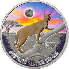 Moneda de color plata gato caracal de Camerún 2022 vida silvestre africana vida sabana WWF