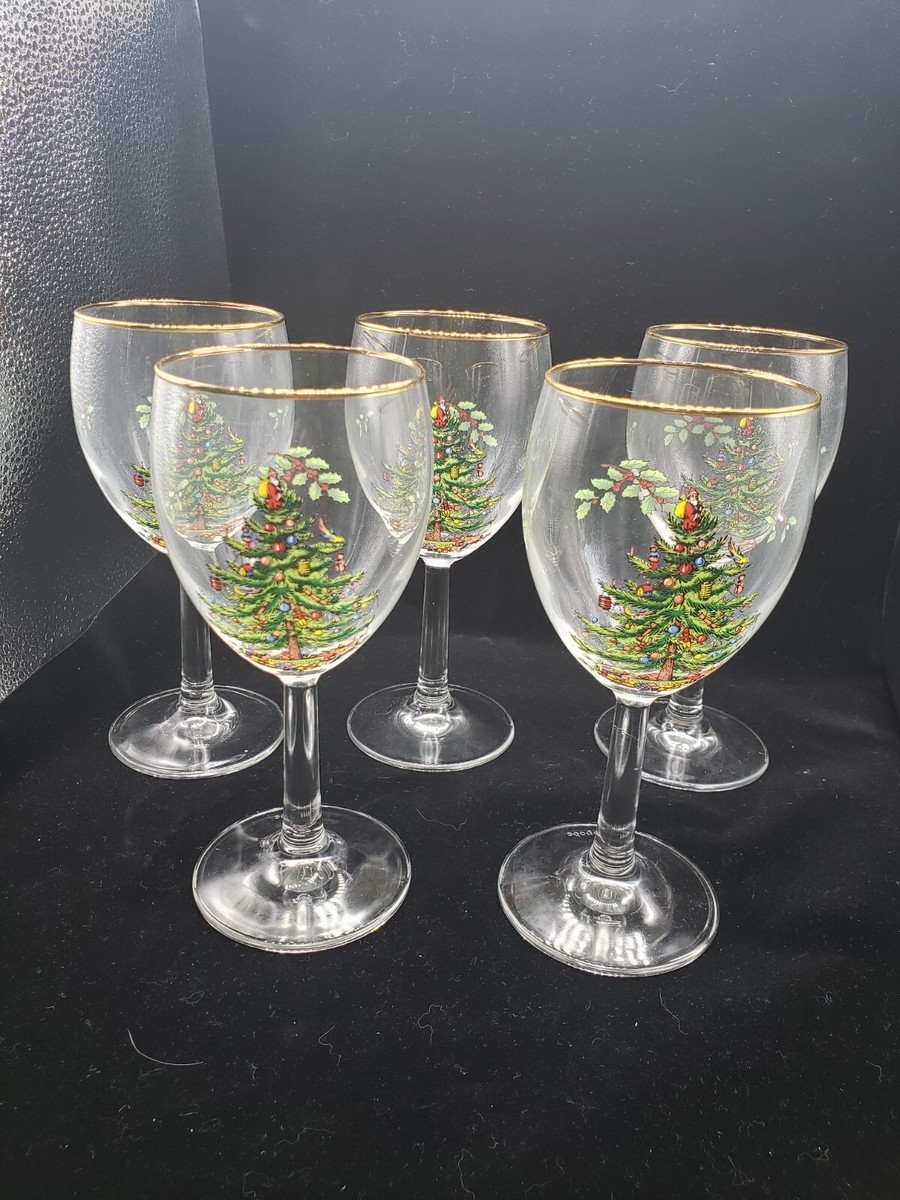Set of 5 Spode Christmas Tree Pedestal Wine Glasses 10 oz Gold Rim | eBay
