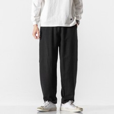 Men Linen Blend Harem Pants Straight Leg Trouser Elastic Waist Comfort Loose Fit