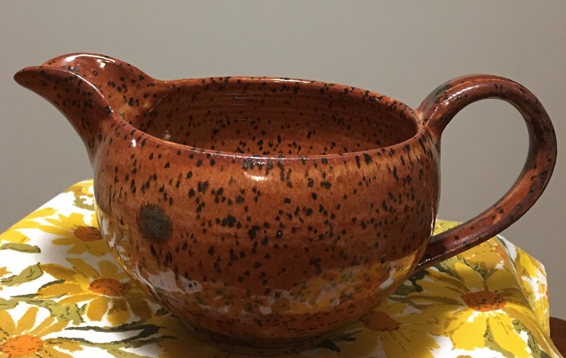 Handmade Brown Pottery Gravy  Bowl w/ Large Pouring Spout Signed Letter “R”