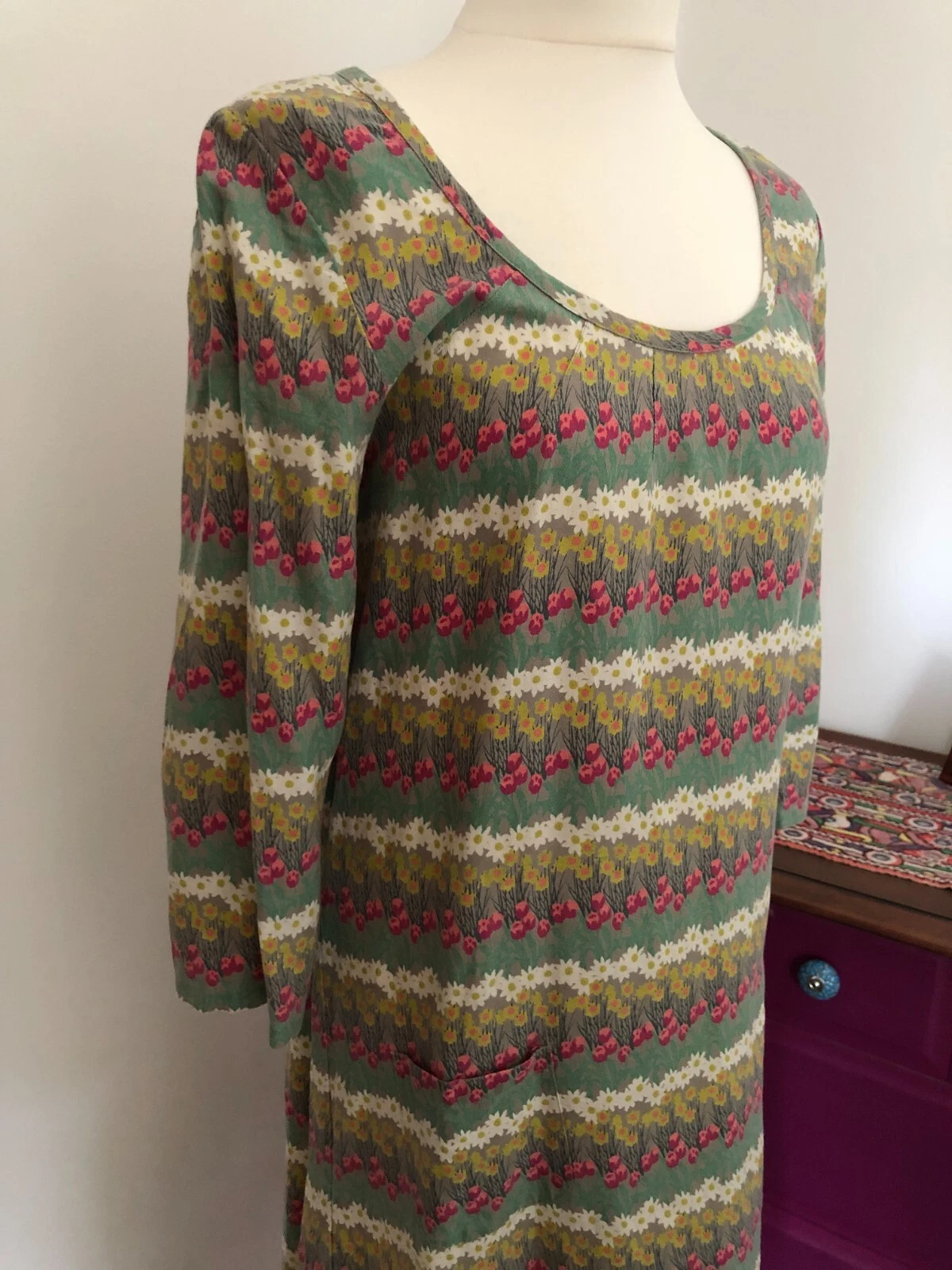 Abito Seasalt San Valentino tunica tasche verde rosa floreale taglia 10 ottimo stato matrimonio