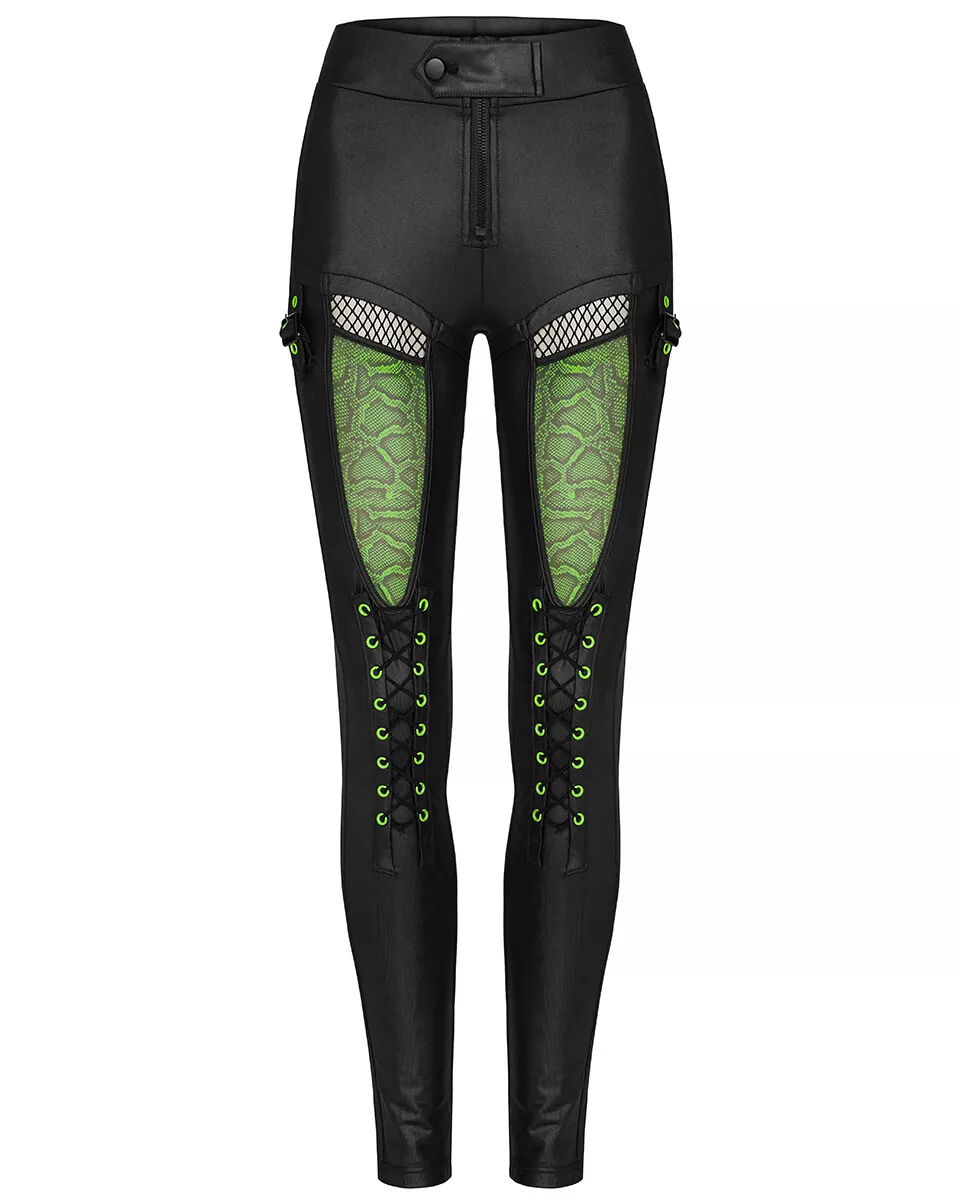 Punk Rave Womens CyberPunk Goth Fishnet Cutout Leggings Black Green Leopard  Mesh