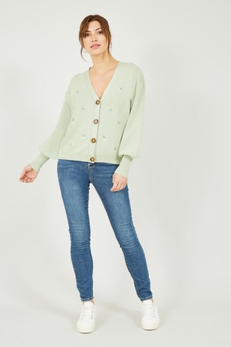 YUMI Ladies Pale Green Knit Floral Embroidered V Neck Cardigan Size L NEW - Picture 3 of 18