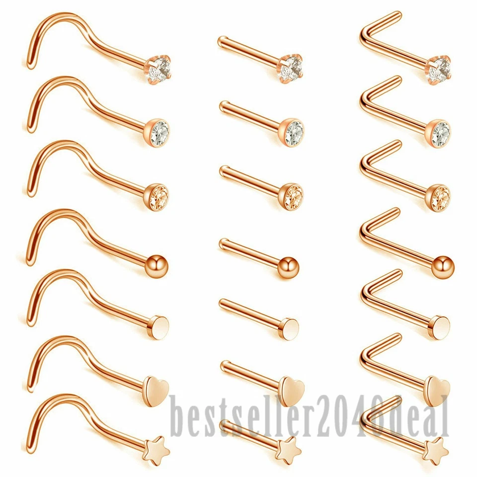 21 PIEZAS Acero Inoxidable Circonita cúbica Anillos para Nariz Pendientes Pernos L Tornillo Hueso Cuerpo Piercing 20G Foto 2 de 4