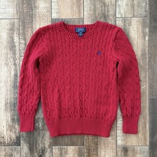 Polo Ralph Lauren Boys Red Cable Knit Sweater Cotton Pullover Size Youth M/10-12