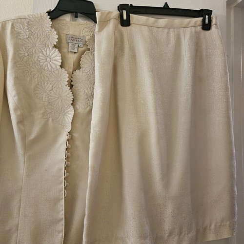 Traje para mujer talla 14 Adrianna Papell 100 % seda bordado crema perla brillante - Imagen 8 de 20