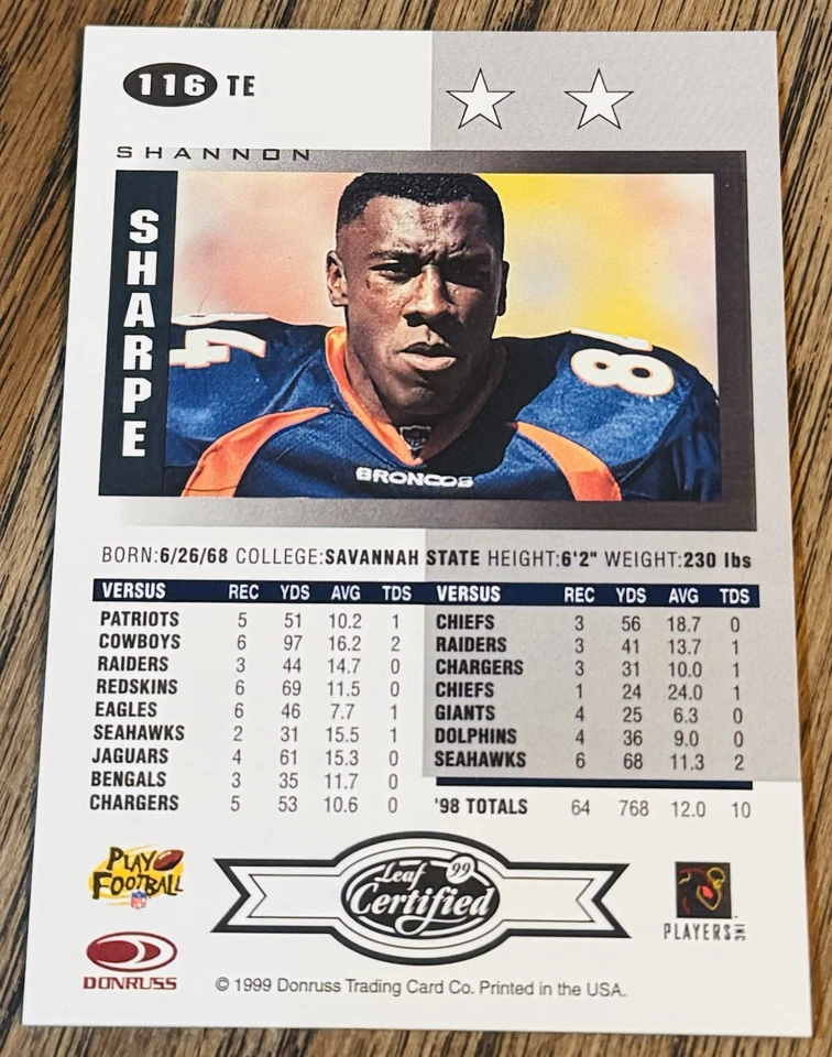 1999 Leaf Certified Shannon Sharpe #116 HOF - Image 2 of 2