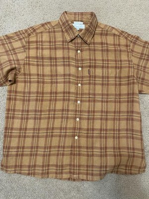 Color Plus Shirt Mens 44 Brown Plaid Linen Short Sleeve Button Up Casual Summer