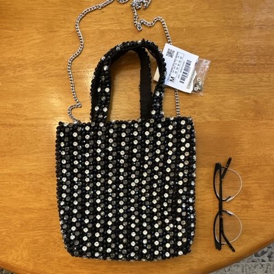 Zara Women Black Beaded Crystal Top Handle Bag Chain Strap Silver Fabric Accents
