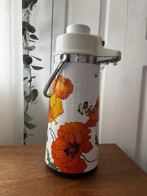 Vintage Blumen Airpot Thermoskanne Mohnmuster Retro Pumpflasche 70er Küche Camper