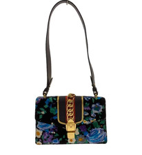 GUCCI Sylvie velvet Velour Blue flower Gold chain shoulder bag Black 9.6"x6.7"