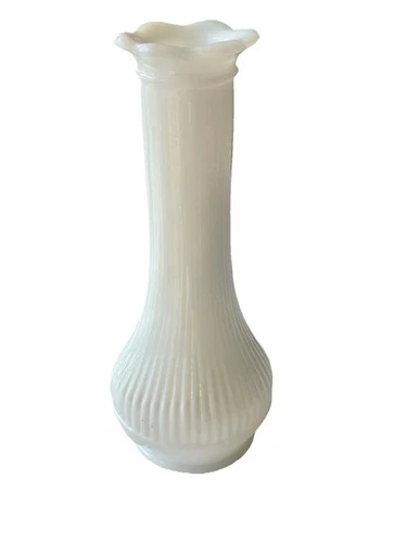 Vintage 6” Randall Ribbed White Milk Glass Bud Vase Six Flower Petal Top