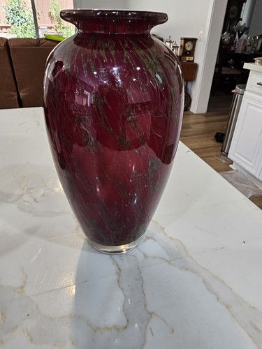 Hand Blown Murano Style Art Glass Vase Oxblood Burgundy Gold Aventurine 10"