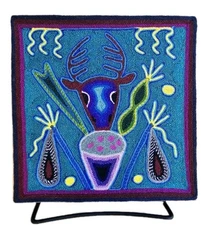 Kauyumari Blue Deer Wirikuta Peyote Offerings Huichol Yarn Painting 8"x8"