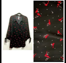 Catherines Womens Plus 2X Button Up Shirt Red Black Birds Cardinals Blouse Top