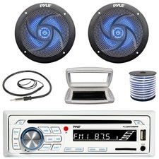 Pyle Single-DIN Marine CD Stereo W/White Cover, 2x 4" 100W Max Blue LED Speakers
