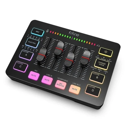 FIFINE Gaming Audio Mixer mit Effekten PC Streaming 4 Kanal XLR Mikrofon Interface