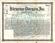 1920 STEVENS DURYEA AUTOMOBILE CO. old stock certificate #4709 CHICOPEE, MASS.