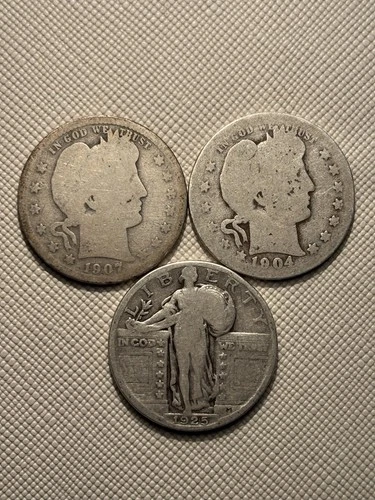 US Silver Quarter Dollar Coins Lot - 1904, 1907 Barber & 1925 Standing Liberty