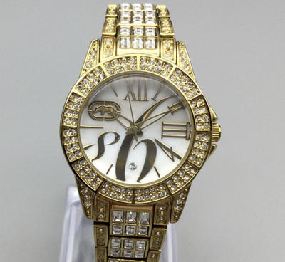 Marc Ecko Watch Womens 31mm Gold Tone Crystal Pave Bezel New Battery 6.5''