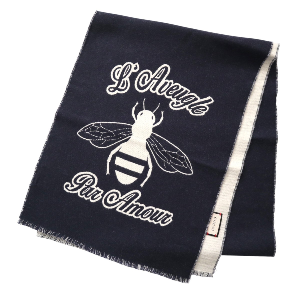 GUCCI ブラック マフラー 蜂　ビー Excellent condition GUCCI Bee & Star Fringe Wool Scarf 21AW Navy