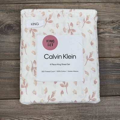 CALVIN KLEIN 4-Piece King Sheet Set 300 TC 100% Cotton Sateen Pink Petals NWT