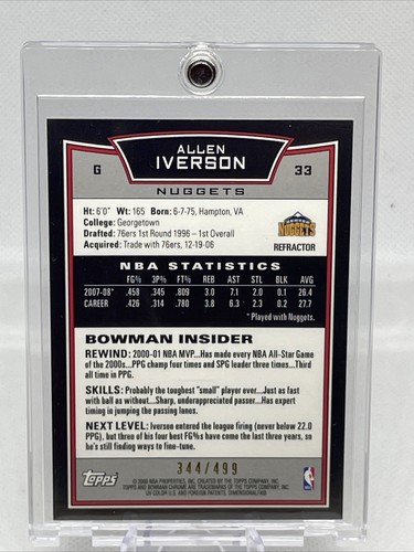 2008-09 Bowman Chrome #33 Allen Iverson Refractor NBA HOF /499 NM+ - Picture 2 of 3