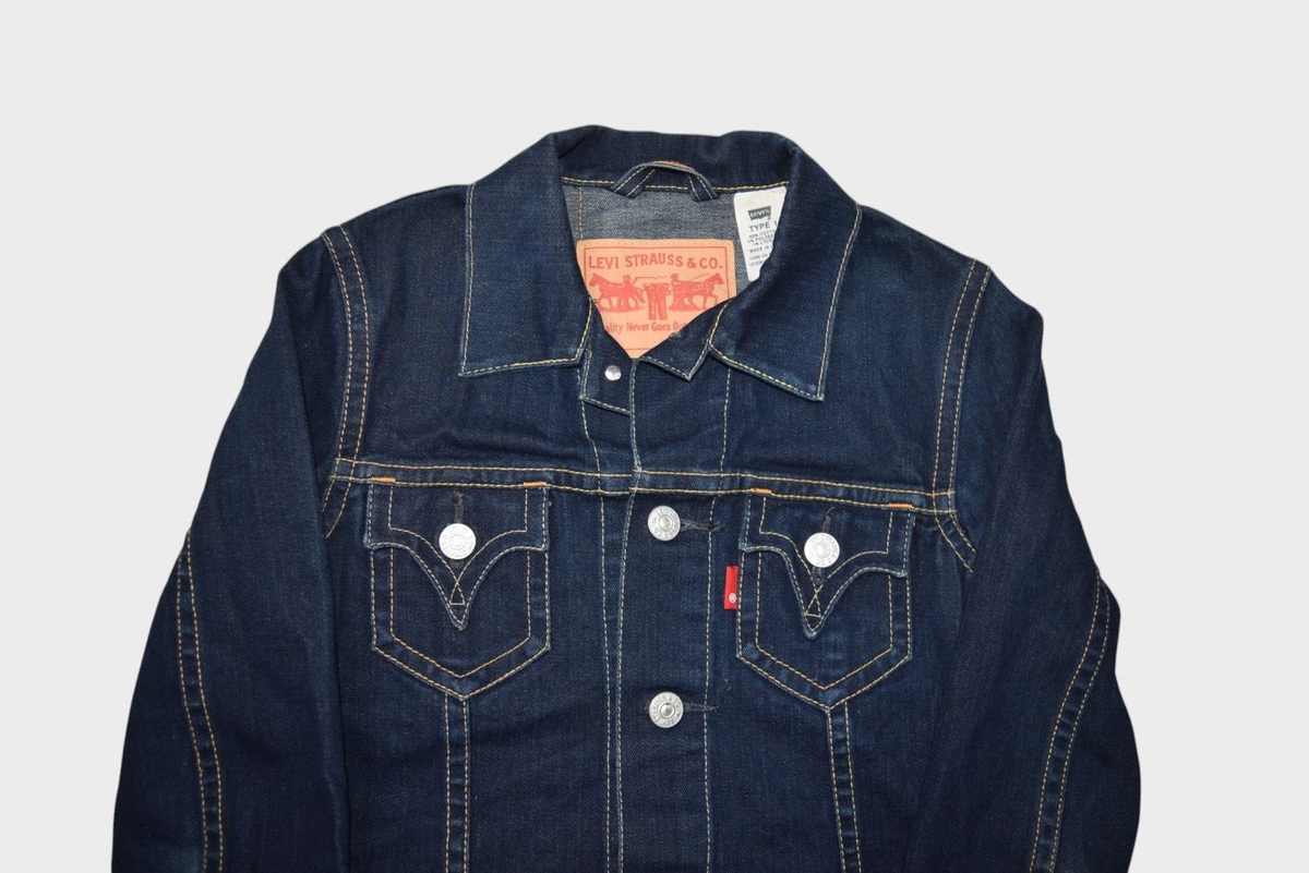 Levis Denim Jacket Womens S Type 1 Iconic Dark Wash Jean Made in