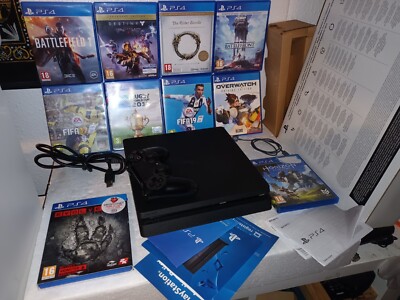 PS4 Slim 500GB Schwarz Konsole 10 Spiele Bundle Destiny Elder Scrolls Evolve Horizon