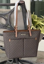 MICHAEL KORS JET SET MEDIUM DOUBLE POCKET TOTE SHOULDER BAG PURSE MK BROWN LOGO