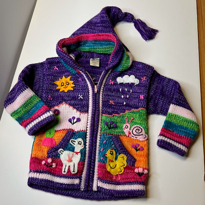 Alpaca Sweater Girls Size 2 Art To Wear Lamb Tassel Hoodie Rainbow Pockets Zip