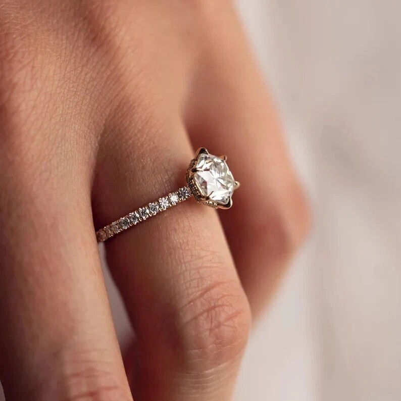 White Elongated Hexagon Cut Moissanite Three Stone Ring 18K Rose Gold Over 2 CT - Image 4 of 4