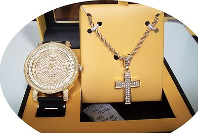 Men's Gold Finish CROSS Techno Pave Fashion Hip Hop Watch & Pendant Box Set