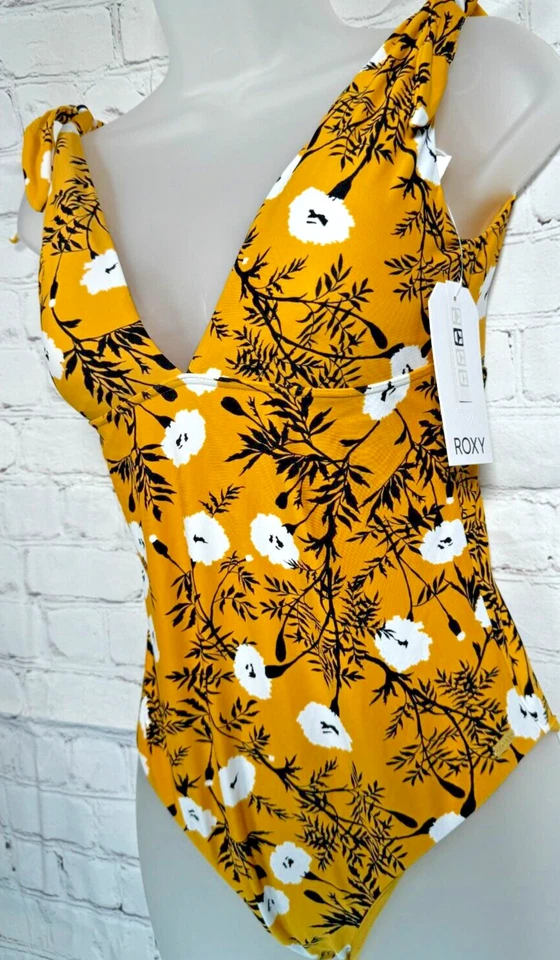 Maiô feminino Roxy Wavy Soul amarelo gravata de ombro floral tamanho médio peça única - Imagem 4 de 4
