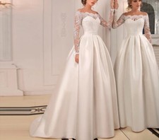 O-Neck Wedding Dresses Full Sleeves Applique Illusion A-Line Satin Bride Gowns