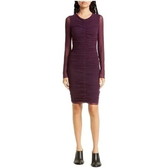 Fuzzi Long Sleeve Ruched Dress In Mammola Size M