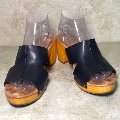 Mia Merel Black Faux Leather Open-Toe Sandals Wood Like Platform Heel Size 7