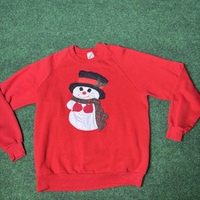 Vintage Jerzees Snowman Applique Christmas Sweatshirt Red Made USA L 42-44