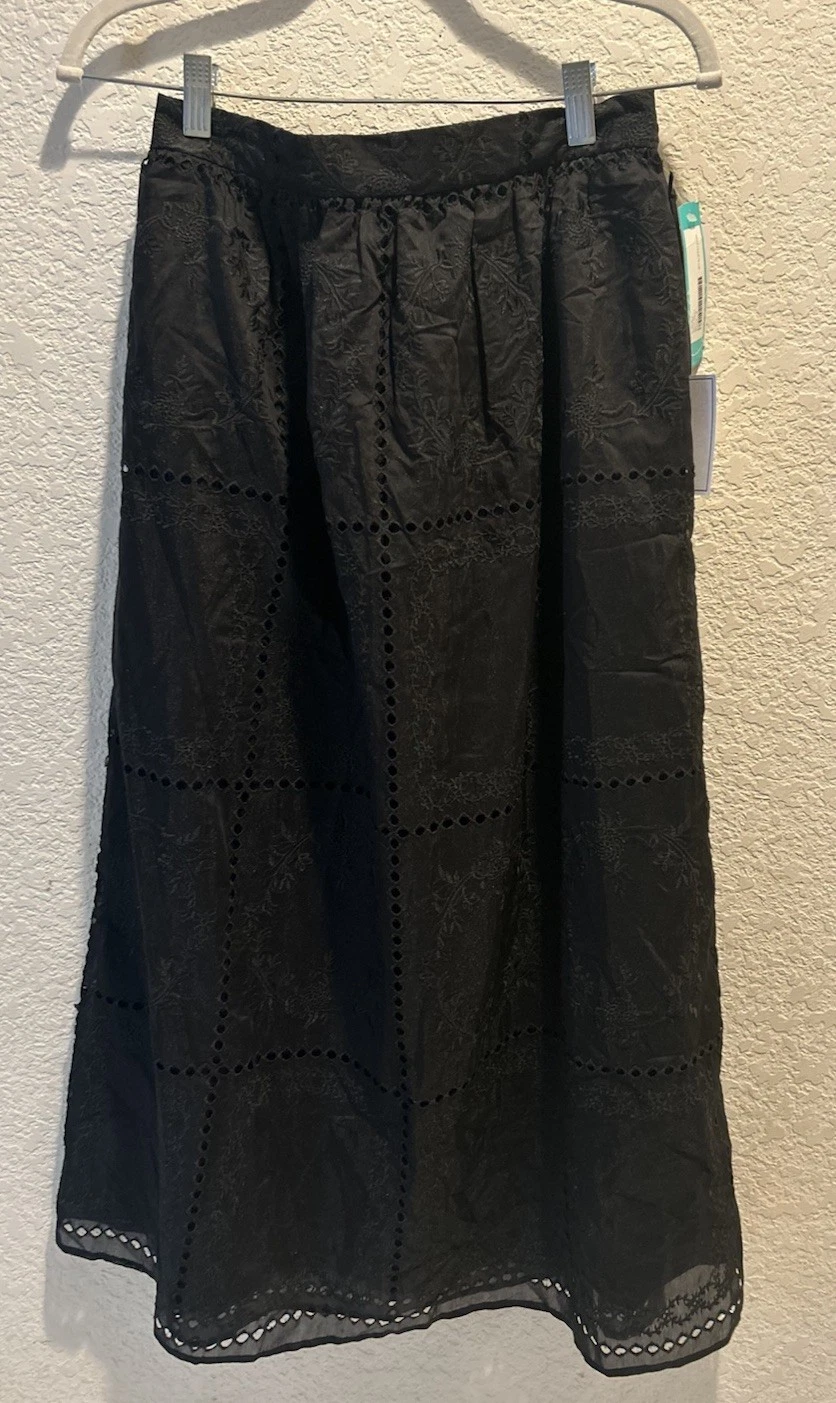 1. State Black Floral Embrodiered Cotton Midi Skirt Size S NWT