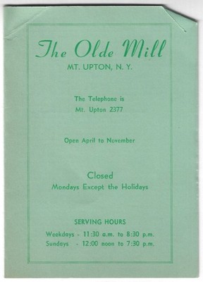 Mount Upton NY The Olde Mill Restaurant 1955 Vintage Desserts Menu History