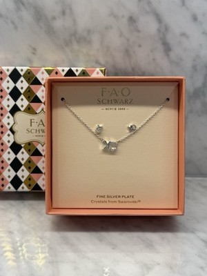 F.A.O. Schwarz XO Fine Silver Plate Necklace and Earrings Swarovski Crystals