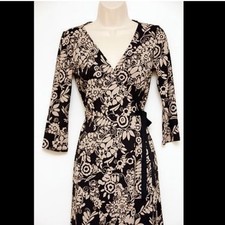 LOFT Floral Printed Wrap Dress Navy Tan 3/4 Sleeve