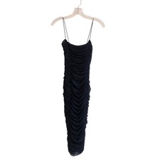 Nookie XS Black Ruched Mesh Midi Dress Spaghetti Strap Square Neck Womens