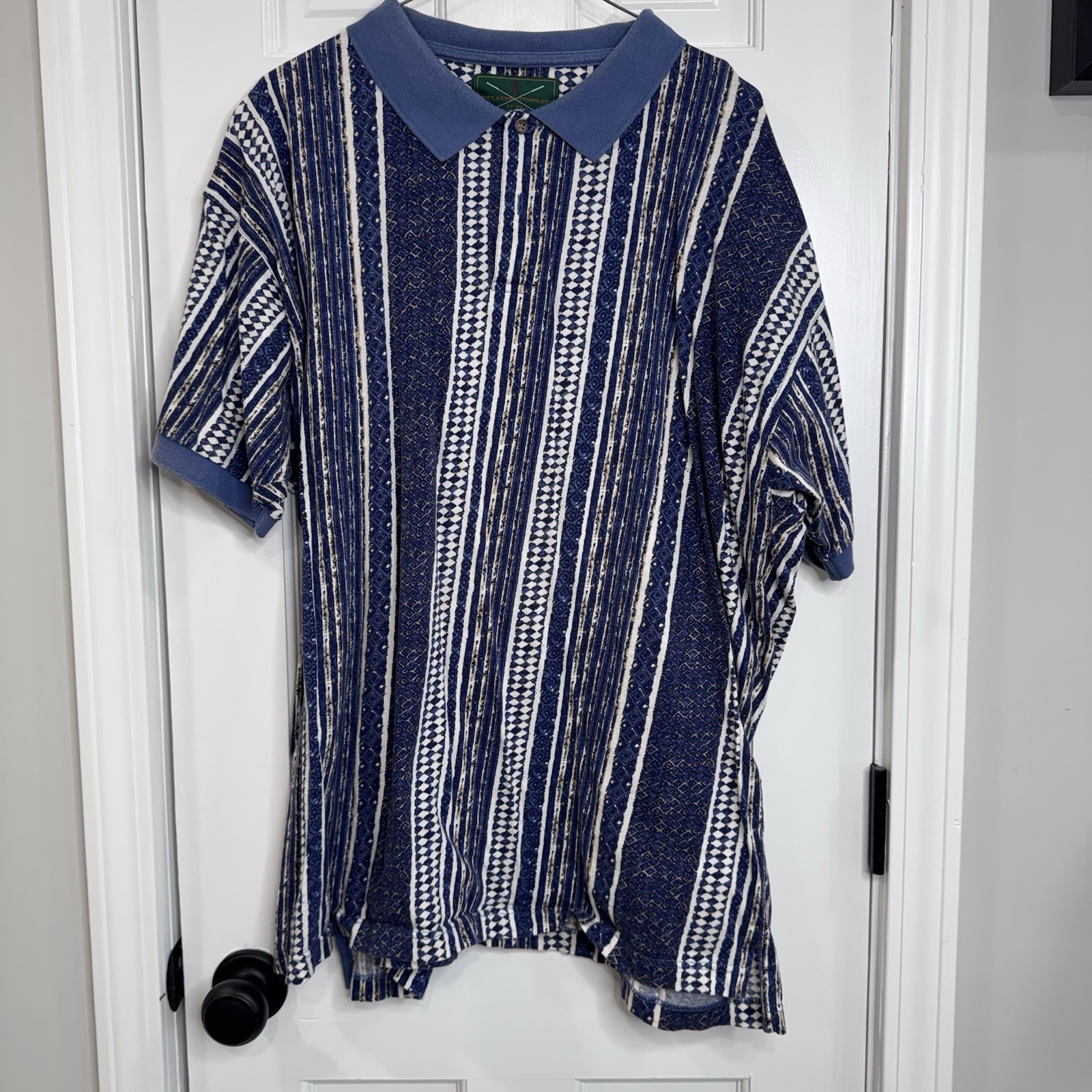 Arrow Company Retro Golf Polo Shirt Mens XL Blue Geometric Stripe Cotton Vintage