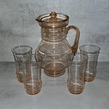 Dunbar Pink Depression Glass Ringed Pitcher with Lid & 4 Glasses Drink Set