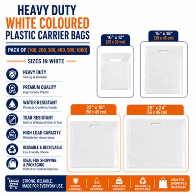 HEAVY DUTY WHITE COLORED PLASTIC CARRIER BAGS PARTY GIFT BAGS IN 4 SIZE - Image 1 of 2